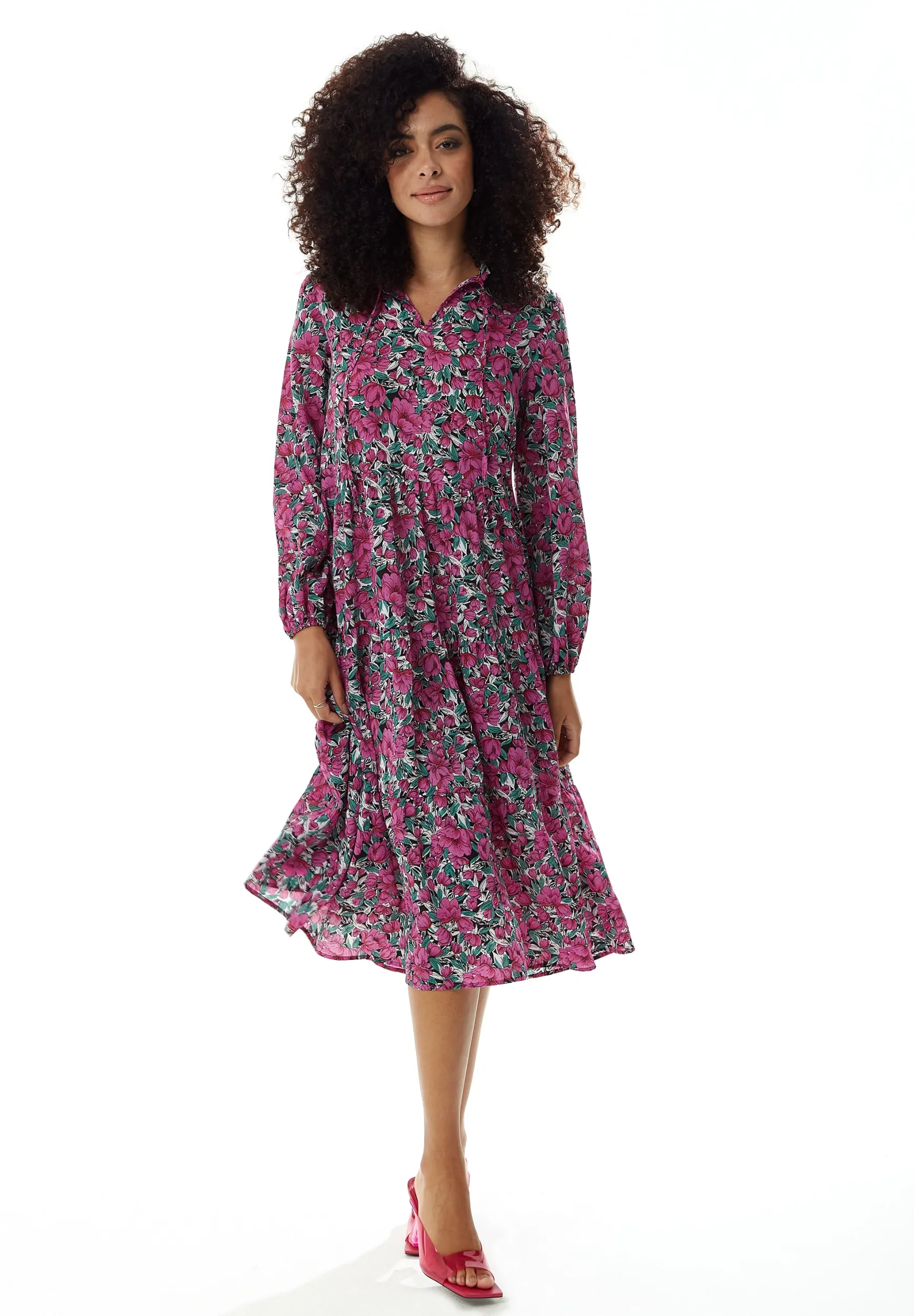 Women's Midi Dress with Long Sleeves in Divine Grace Purple Floral Smock Style by Liquorish