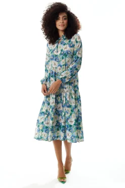 Women's Midi Dress with Long Sleeves - Divine Grace Blue Floral Smock Style - Relaxed Fit, Tie Neck - Liquorish