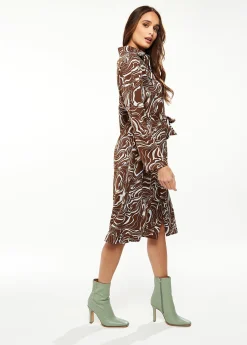 Women’s Midi Dress with Long Sleeves in Brown - Stylish Scribble Print by Liquorish