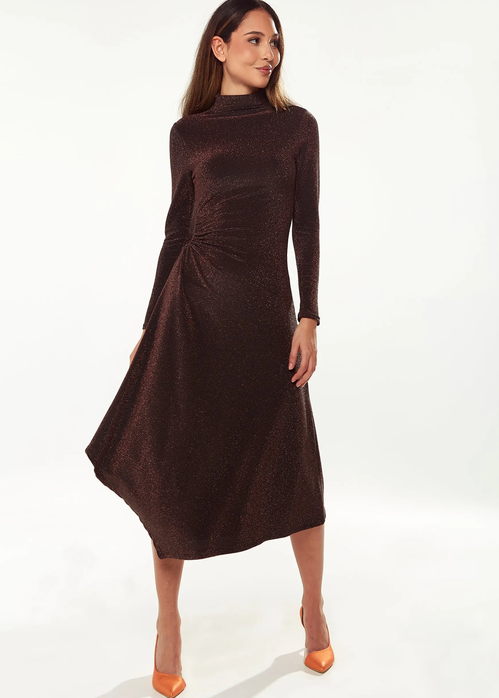 Women's Midi Dress with Long Sleeves in Sparkly Bronze - Exclusive Liquorish
