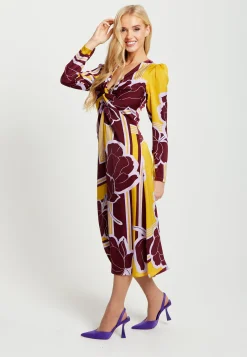 Women's Midi Dress with Long Sleeves in Mustard and Burgundy - Geometric Floral Print by Liquorish