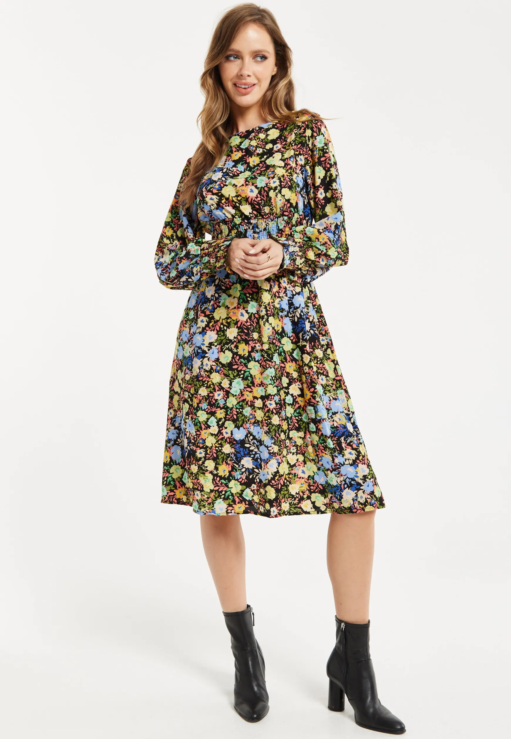 Women's Midi Dress with Long Balloon Sleeves in Floral Print and Smock Waist - Liquorish