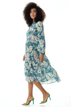 Women's Midi Dress with Long Sleeves - Divine Grace Blue Floral Smock Style - Relaxed Fit, Tie Neck - Liquorish