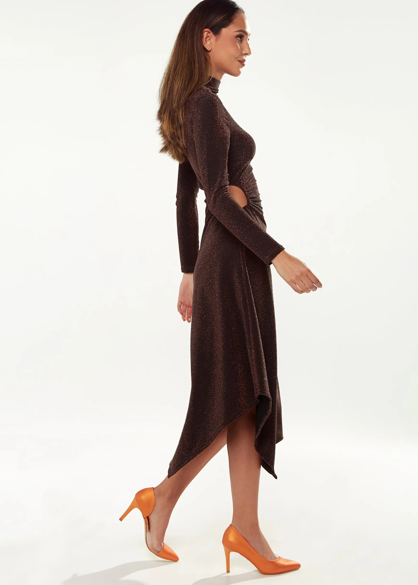Women's Midi Dress with Long Sleeves in Sparkly Bronze - Exclusive Liquorish