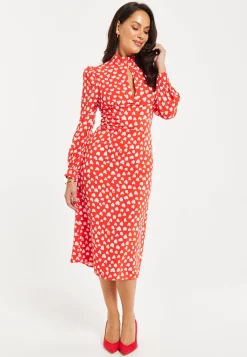Women's Midi Dress with Long Balloon Sleeves in Red - Heart Print Elegance by Liquorish