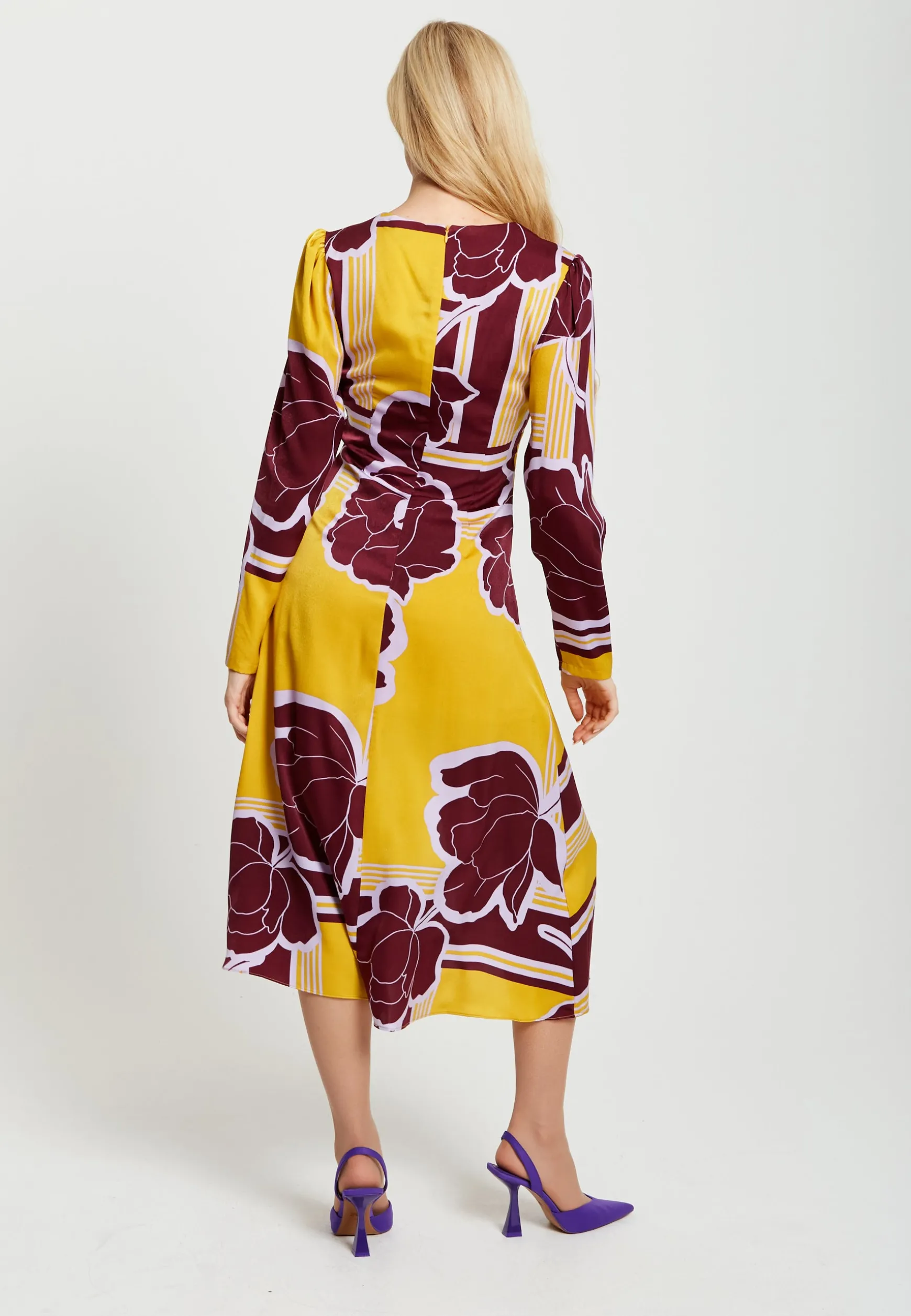Women's Midi Dress with Long Sleeves in Mustard and Burgundy - Geometric Floral Print by Liquorish