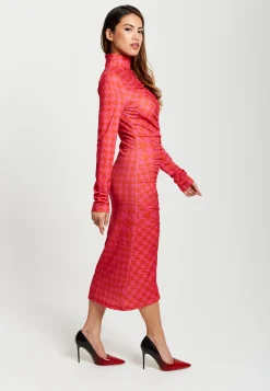 Women’s Midi Dress with Long Sleeves in Distorted Houndstooth Print and Ruching Detail - Liquorish