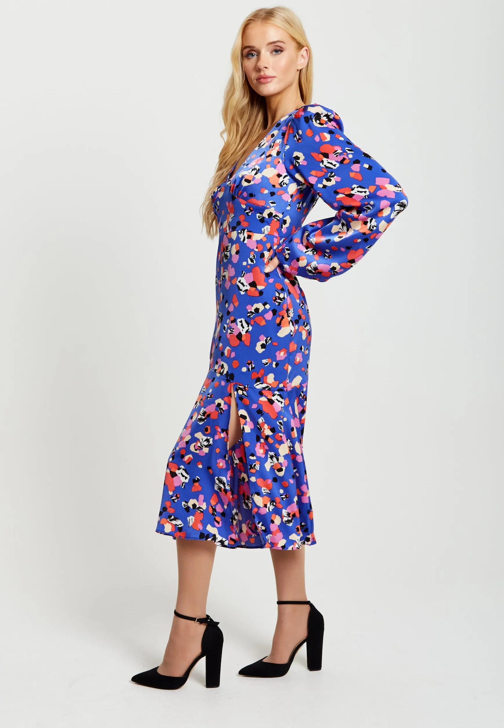 Women's Midi Dress with Long Balloon Sleeves in Multicolour Abstract Dot Print - Liquorish