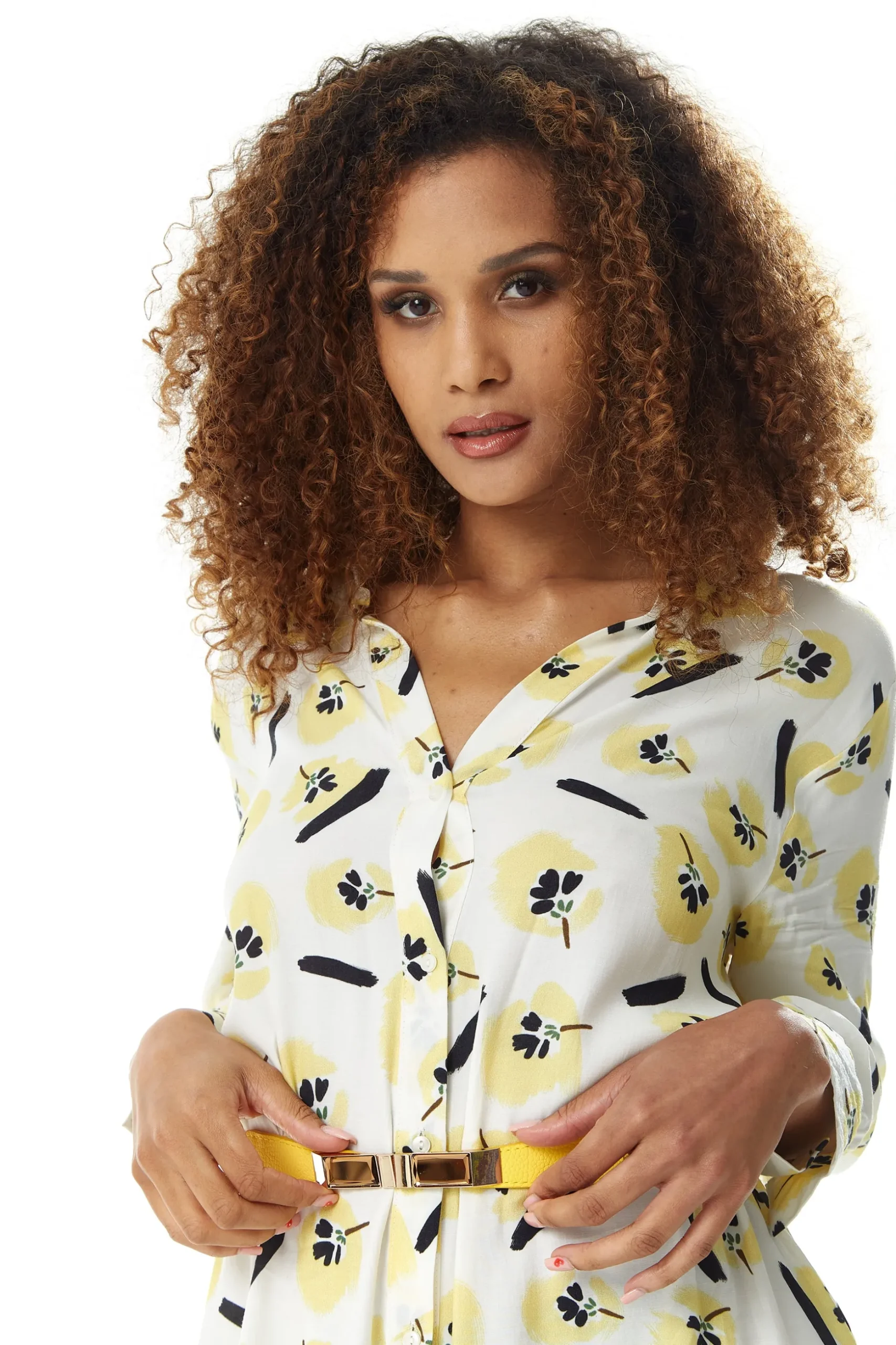 Women's Midi Dress with Long Sleeves in White and Yellow Floral Print, Perfect for Spring - Liquorish