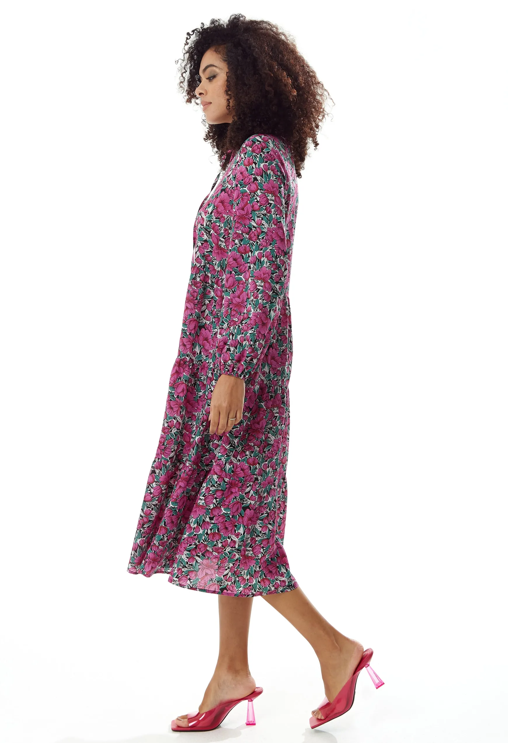Women's Midi Dress with Long Sleeves in Divine Grace Purple Floral Smock Style by Liquorish