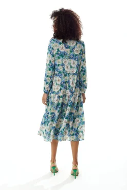 Women's Midi Dress with Long Sleeves - Divine Grace Blue Floral Smock Style - Relaxed Fit, Tie Neck - Liquorish