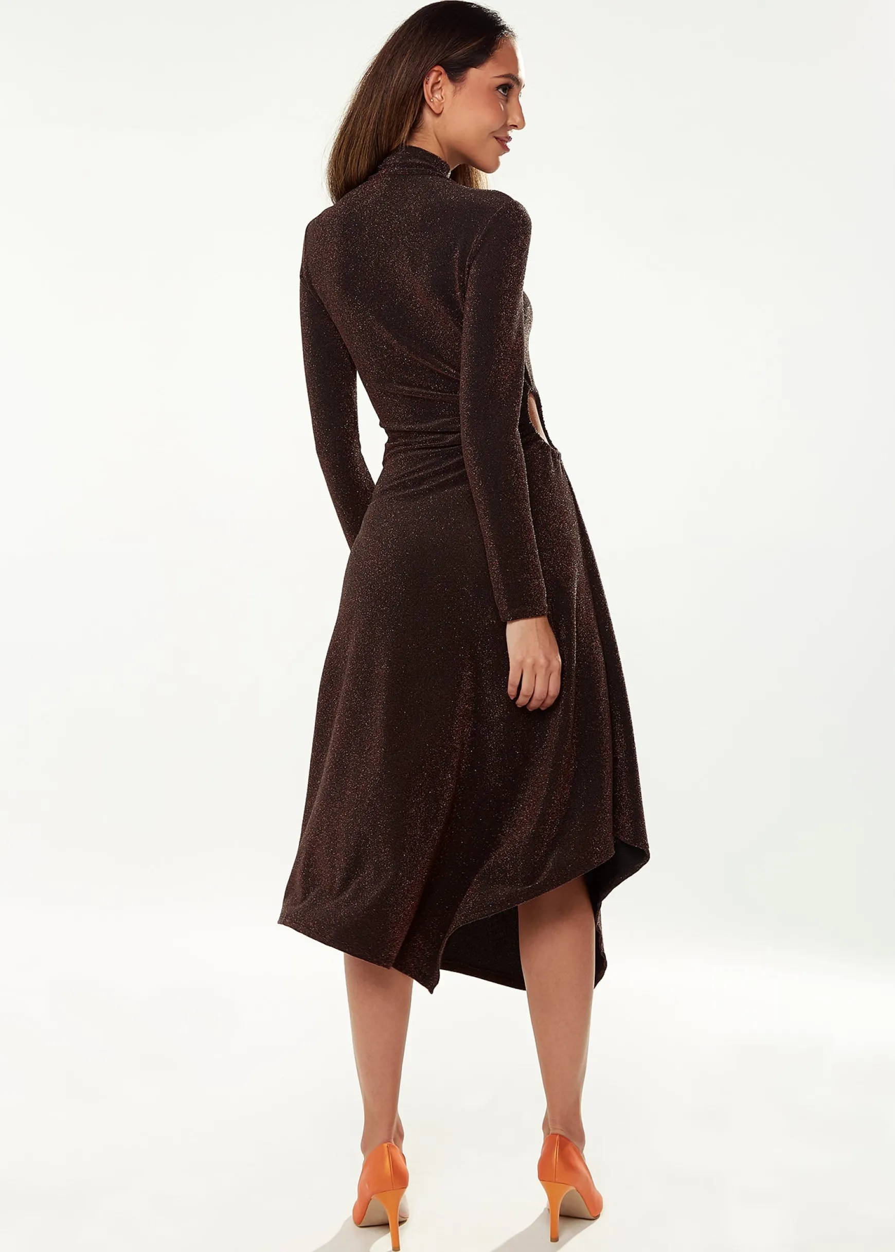 Women's Midi Dress with Long Sleeves in Sparkly Bronze - Exclusive Liquorish