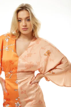 Women's Midi Dress with Long Kimono Sleeves in Orange Oriental Print - Liquorish