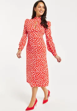 Women's Midi Dress with Long Balloon Sleeves in Red - Heart Print Elegance by Liquorish