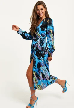 Women's Midi Dress with Long Sleeves in Multicolour Abstract Print - Stylish Wrap Design by Liquorish