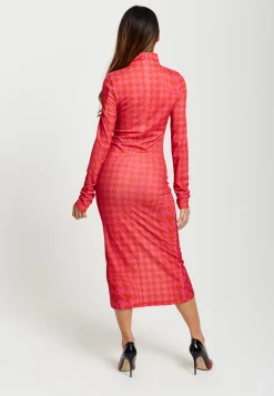 Women’s Midi Dress with Long Sleeves in Distorted Houndstooth Print and Ruching Detail - Liquorish