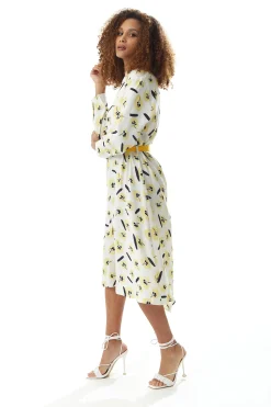 Women's Midi Dress with Long Sleeves in White and Yellow Floral Print, Perfect for Spring - Liquorish
