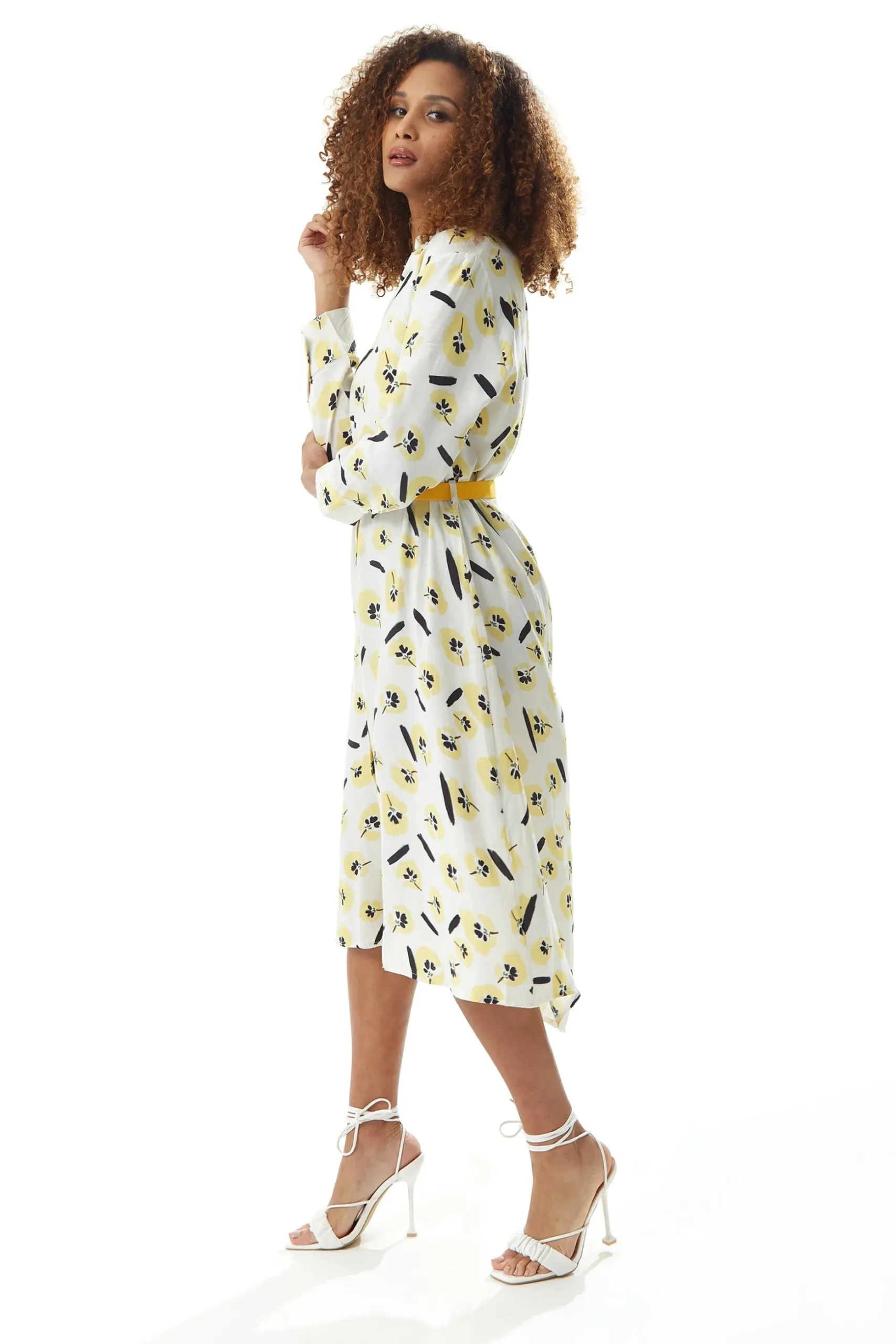 Women's Midi Dress with Long Sleeves in White and Yellow Floral Print, Perfect for Spring - Liquorish