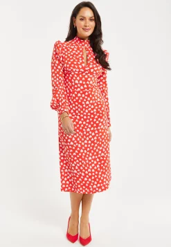 Women's Midi Dress with Long Balloon Sleeves in Red - Heart Print Elegance by Liquorish