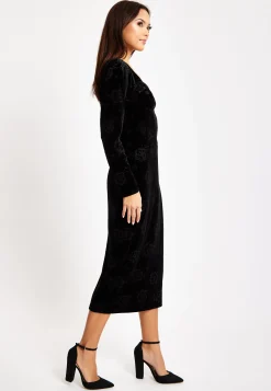 Women's Midi Dress with Long Balloon Sleeves in Black Velvet - Corset Detail by Liquorish