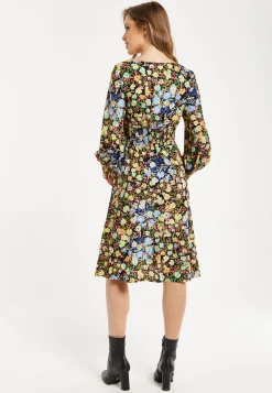 Women's Midi Dress with Long Balloon Sleeves in Floral Print and Smock Waist - Liquorish