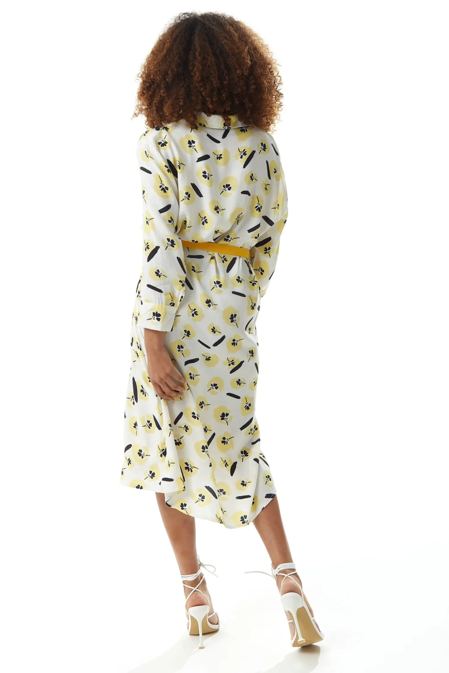 Women's Midi Dress with Long Sleeves in White and Yellow Floral Print, Perfect for Spring - Liquorish