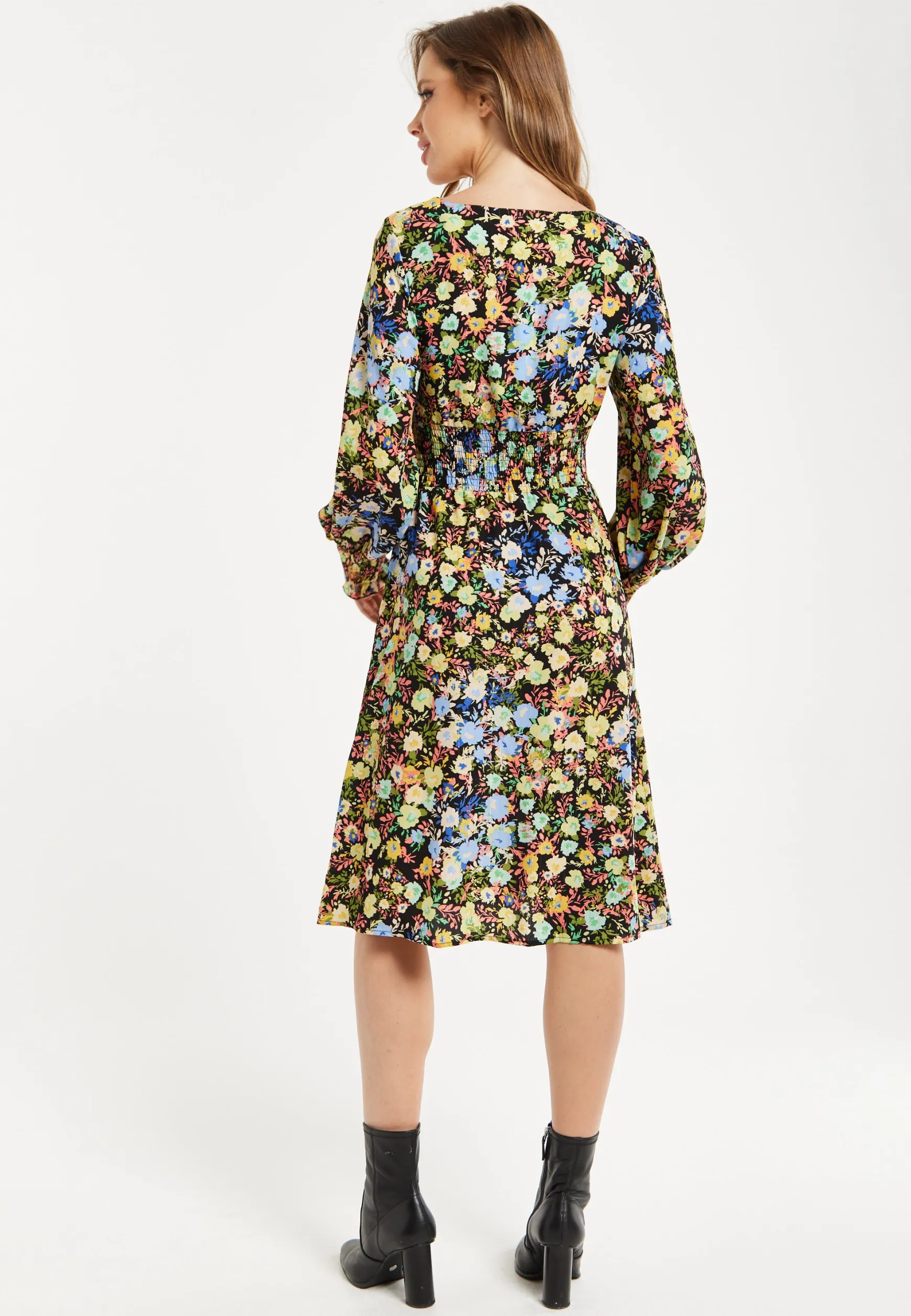 Women's Midi Dress with Long Balloon Sleeves in Floral Print and Smock Waist - Liquorish