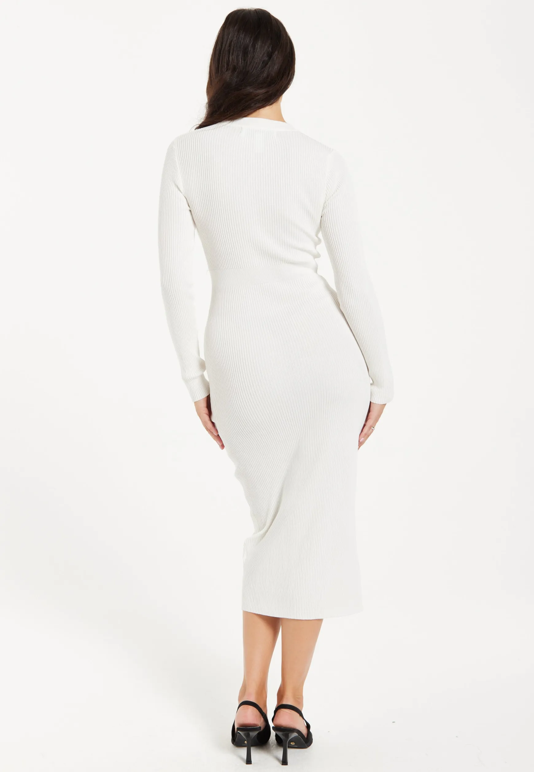 Women’s Midi Dress with Long Sleeves in White - Cut Out Front Ribbed Knit Design by Liquorish