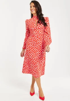 Women's Midi Dress with Long Balloon Sleeves in Red - Heart Print Elegance by Liquorish