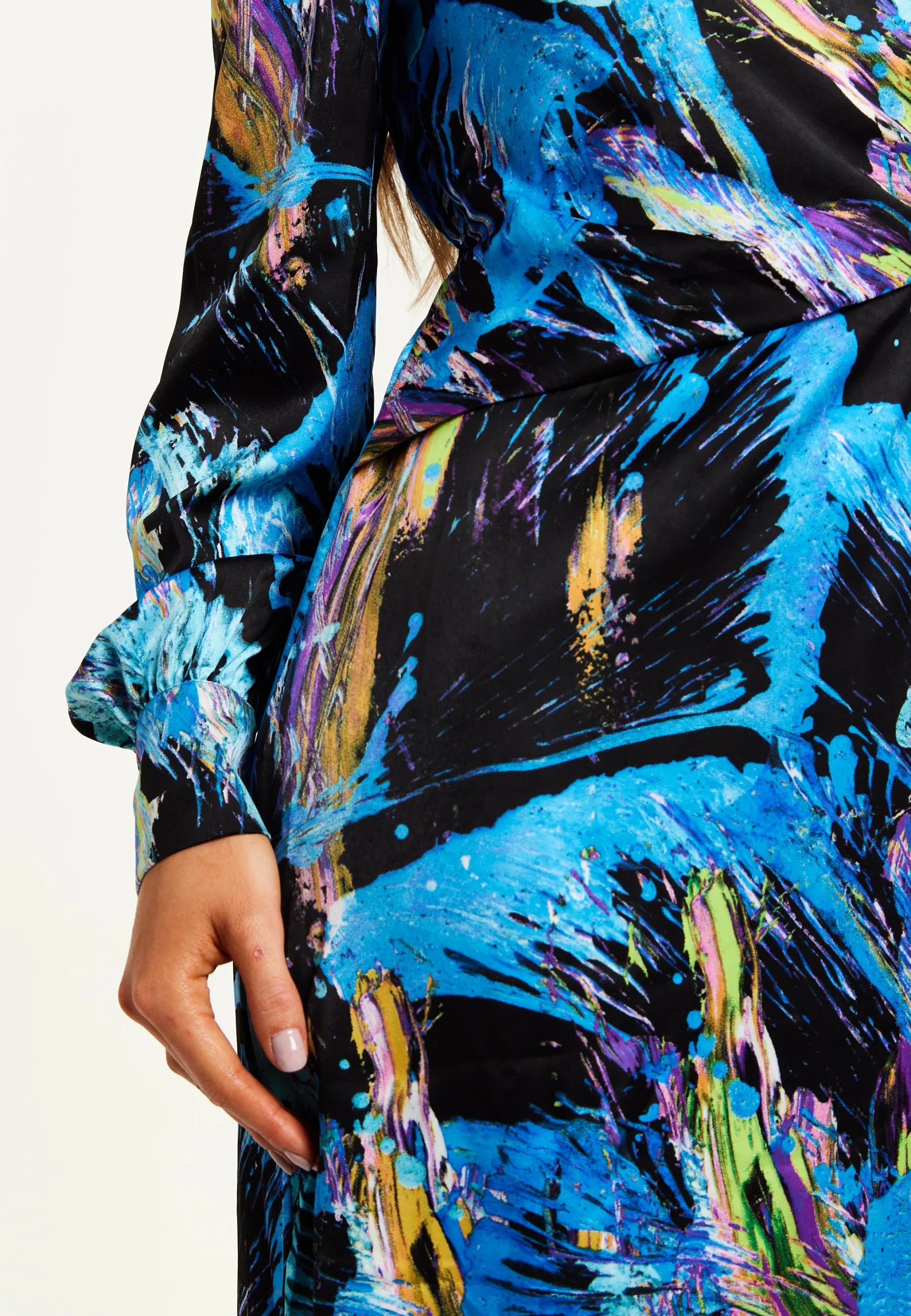 Women's Midi Dress with Long Sleeves in Multicolour Abstract Print - Stylish Wrap Design by Liquorish