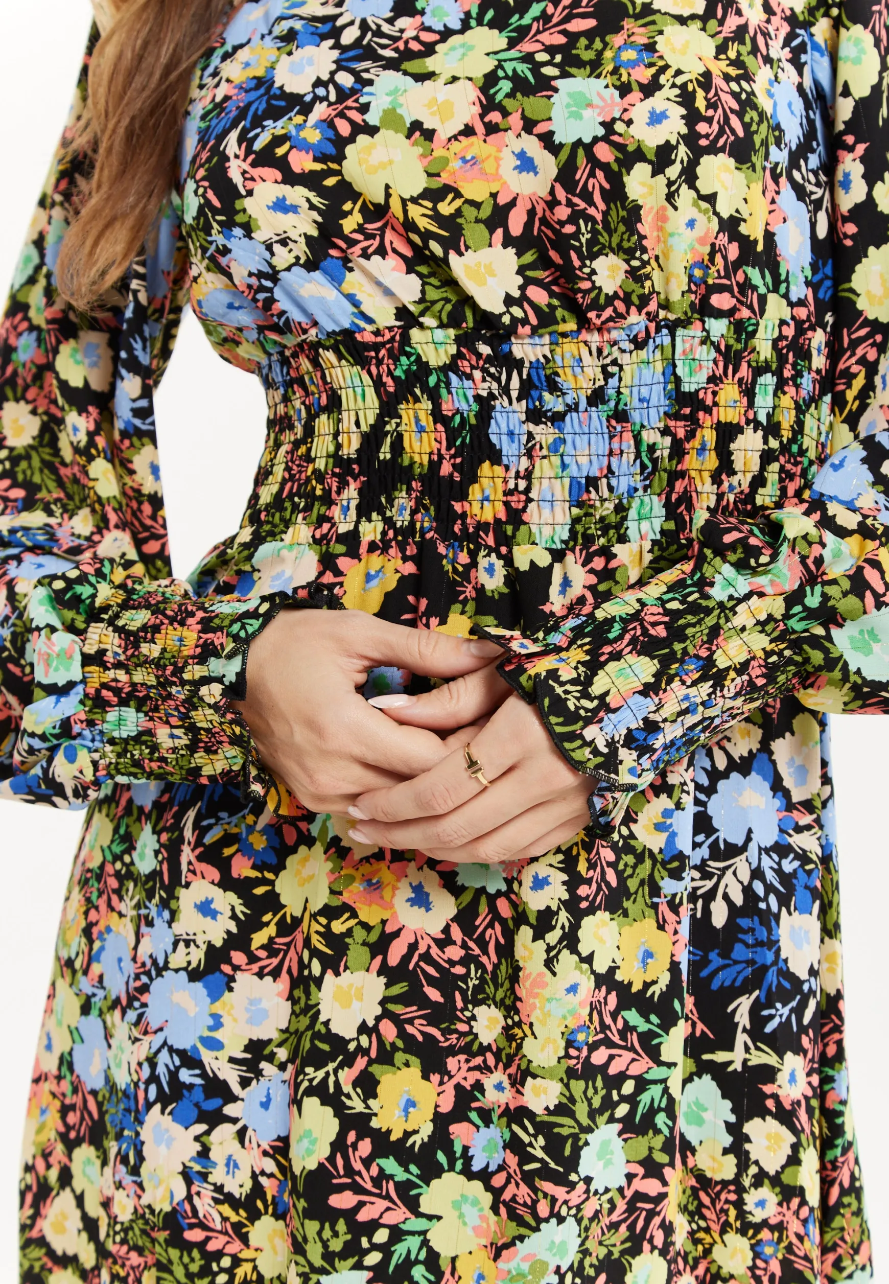 Women's Midi Dress with Long Balloon Sleeves in Floral Print and Smock Waist - Liquorish