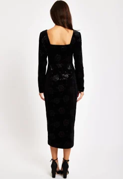 Women's Midi Dress with Long Balloon Sleeves in Black Velvet - Corset Detail by Liquorish