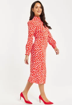 Women's Midi Dress with Long Balloon Sleeves in Red - Heart Print Elegance by Liquorish