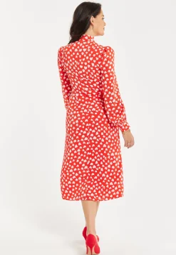 Women's Midi Dress with Long Balloon Sleeves in Red - Heart Print Elegance by Liquorish