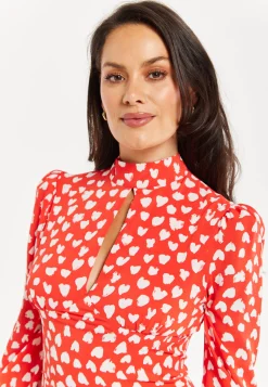 Women's Midi Dress with Long Balloon Sleeves in Red - Heart Print Elegance by Liquorish