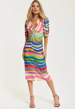 Women's Midi Dress with Multicolour Print, V Neck, Short Sleeves and Front Slit - Liquorish