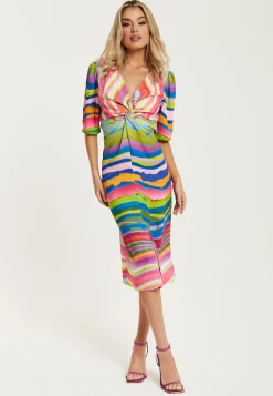 Women's Midi Dress with Multicolour Print, V Neck, Short Sleeves and Front Slit - Liquorish