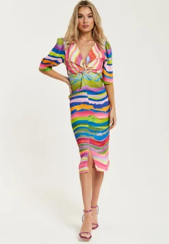 Women's Midi Dress with Multicolour Print, V Neck, Short Sleeves and Front Slit - Liquorish