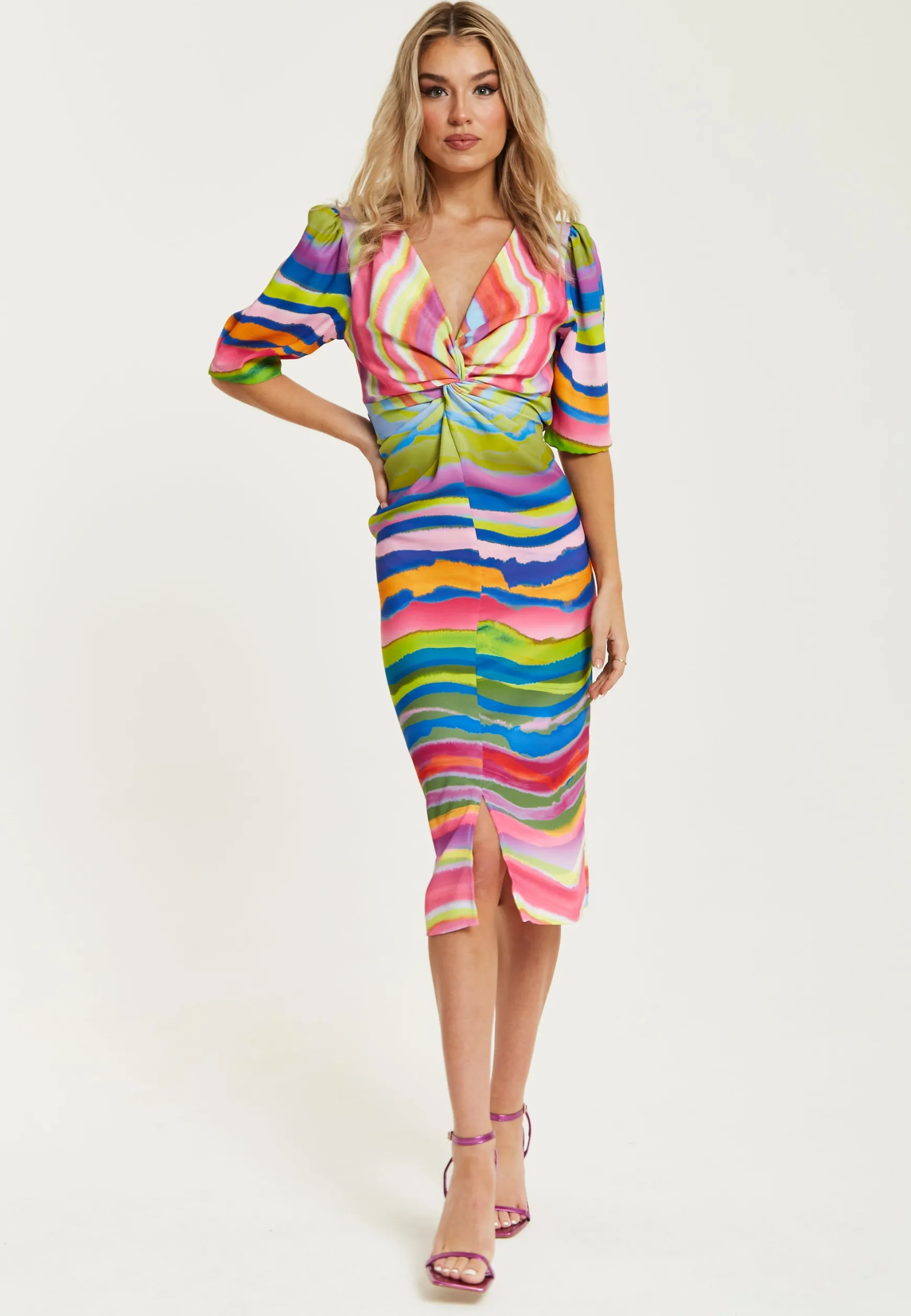 Women's Midi Dress with Multicolour Print, V Neck, Short Sleeves and Front Slit - Liquorish