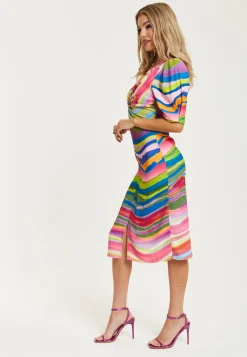 Women's Midi Dress with Multicolour Print, V Neck, Short Sleeves and Front Slit - Liquorish