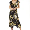 Women's Midi Dress with Off Shoulder Sleeves in Navy Floral Print - Liquorish