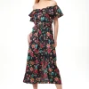 Women’s Midi Dress with Off Shoulder Sleeves in Black Floral Print - Liquorish