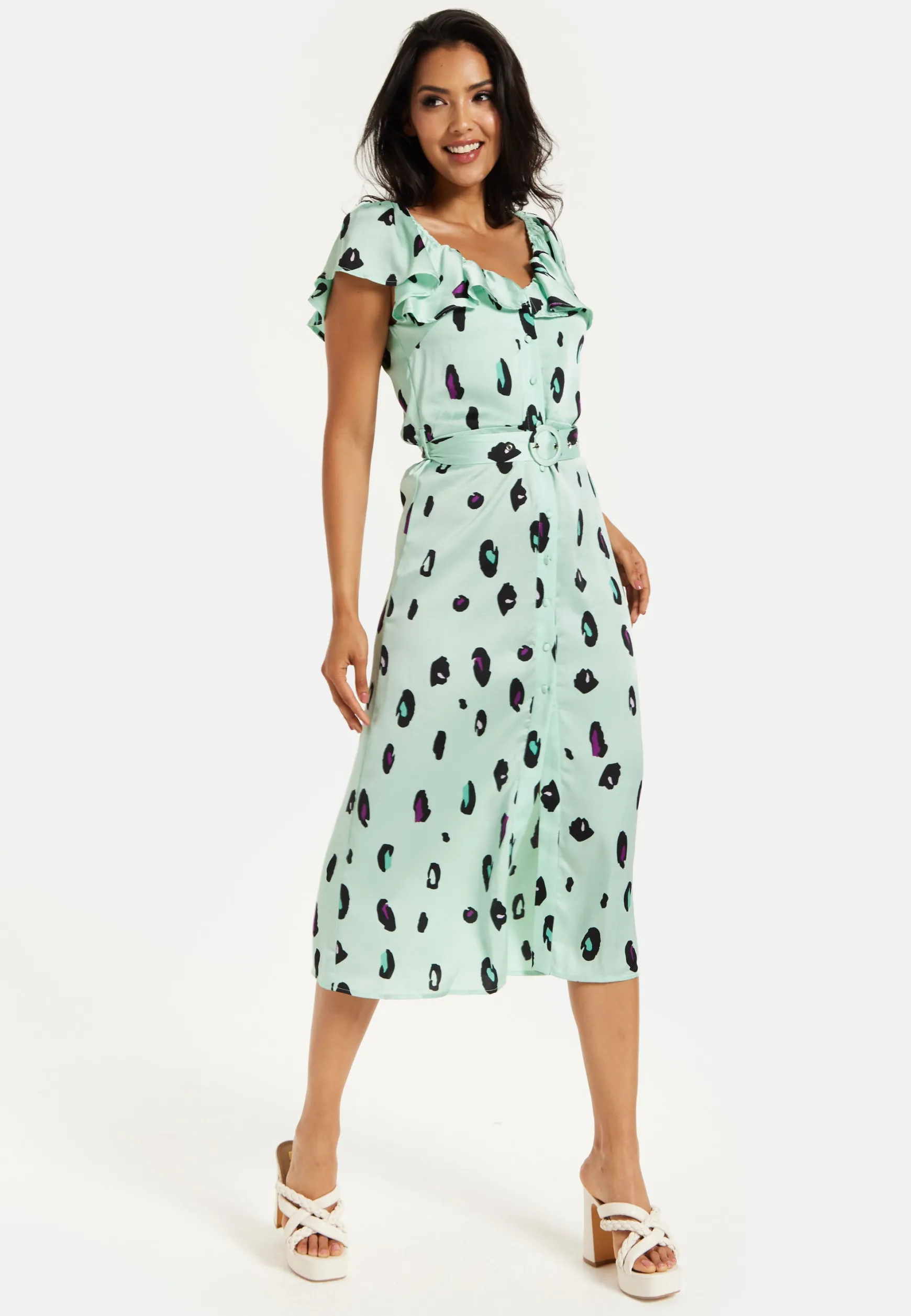 Women's Midi Dress with Off Shoulder Sleeves in Mint Animal Print - Liquorish
