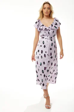 Women's Midi Dress with Off Shoulder Sleeves in Lilac Animal Print - Stylish and Chic Liquorish