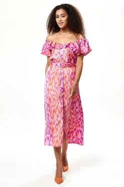 Women's Midi Dress with Off Shoulder Sleeves in Pink Animal Print, Stylish and Chic - Liquorish