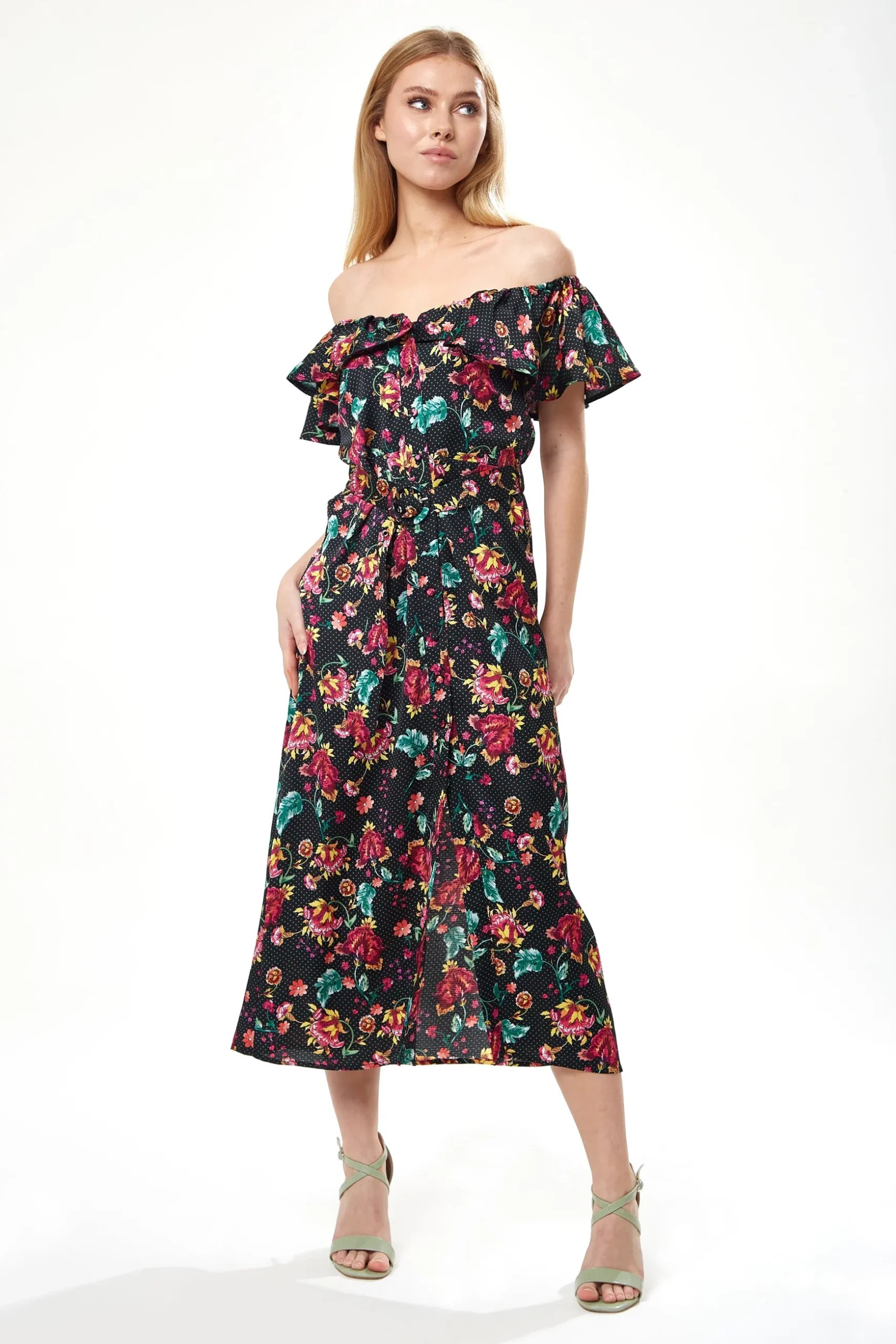 Women’s Midi Dress with Off Shoulder Sleeves in Black Floral Print - Liquorish