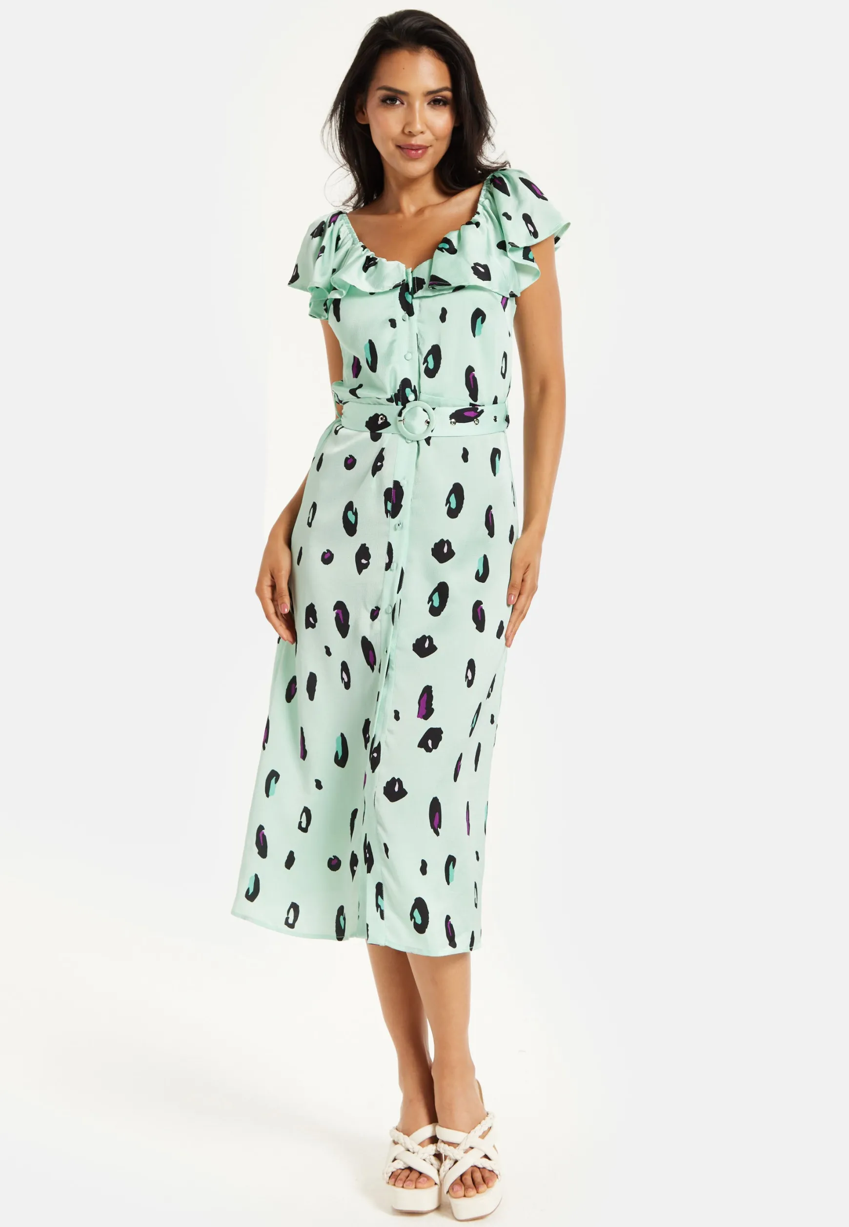 Women's Midi Dress with Off Shoulder Sleeves in Mint Animal Print - Liquorish