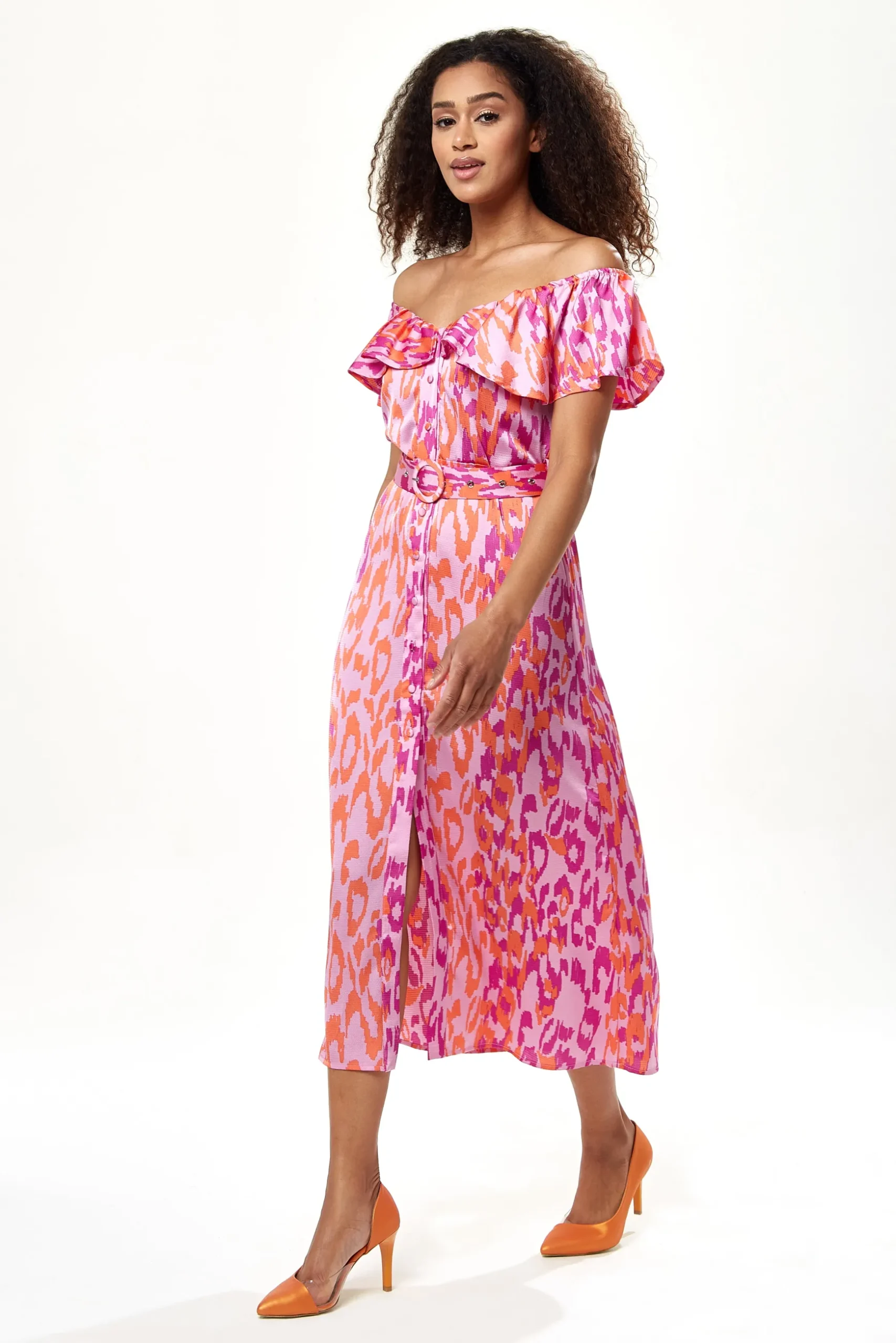 Women's Midi Dress with Off Shoulder Sleeves in Pink Animal Print, Stylish and Chic - Liquorish
