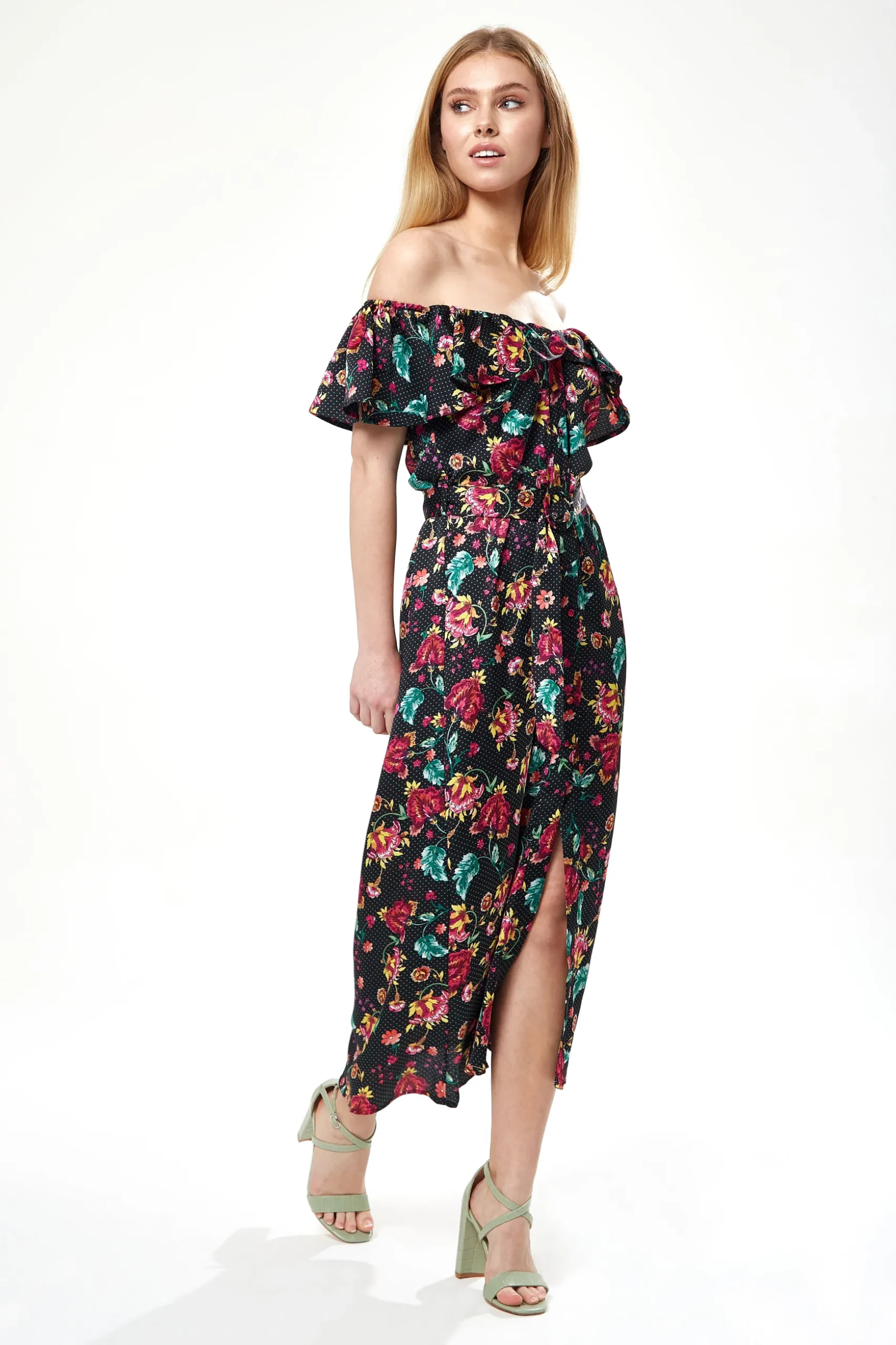 Women’s Midi Dress with Off Shoulder Sleeves in Black Floral Print - Liquorish