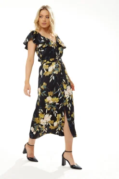Women's Midi Dress with Off Shoulder Sleeves in Navy Floral Print - Liquorish